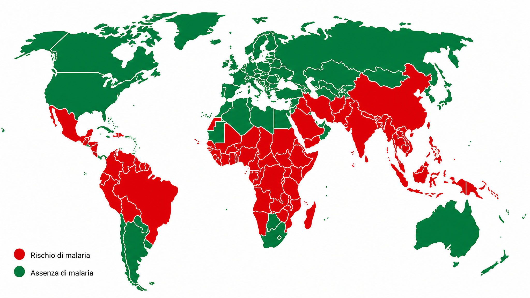 Mappa dei paesi del mondo a rischio malaria in cui può essere necessaria la profilassi con malarone o clorochina