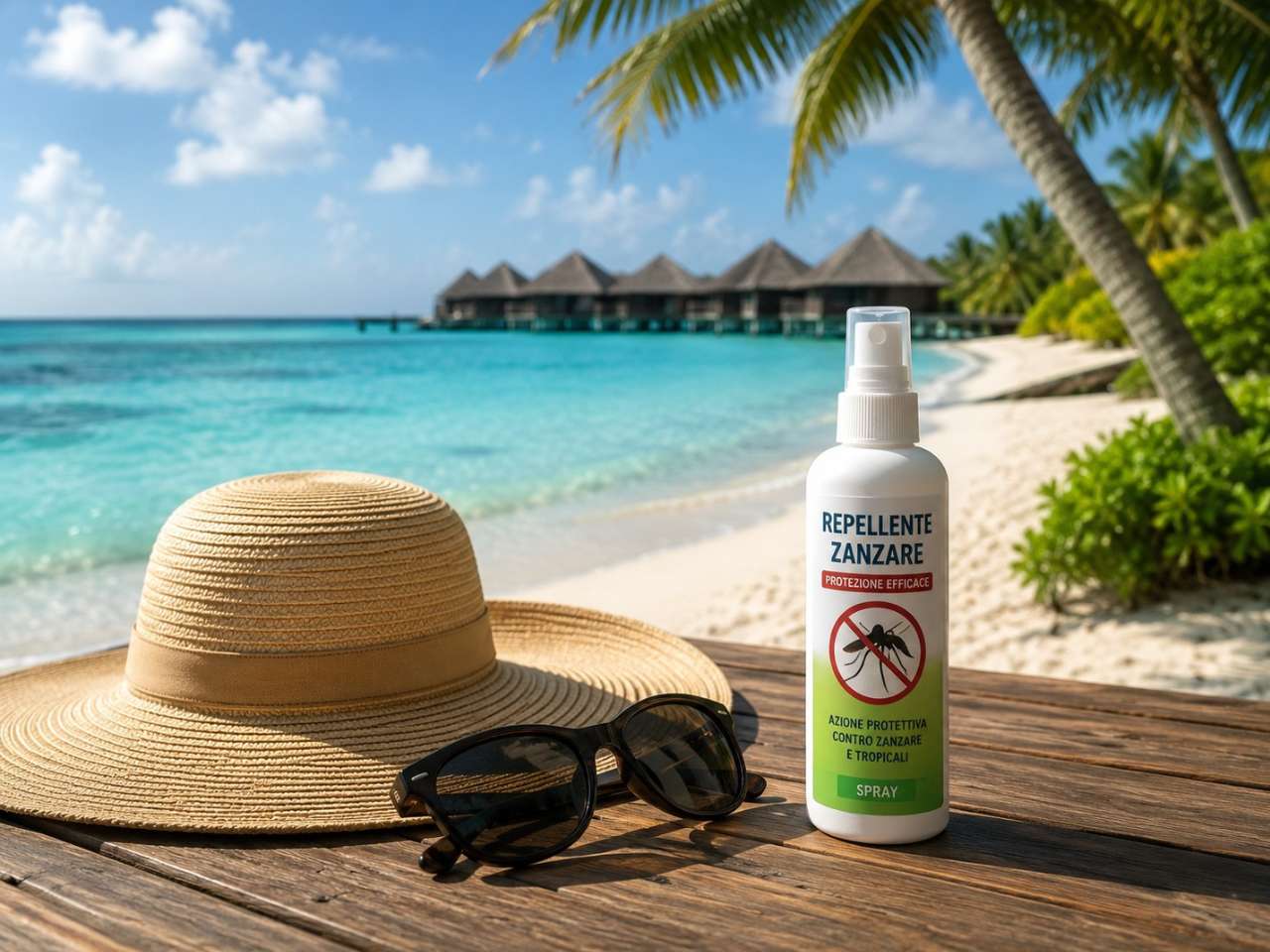 Repellente per zanzare e accessori da viaggio su un tavolo, prevenzione dengue
